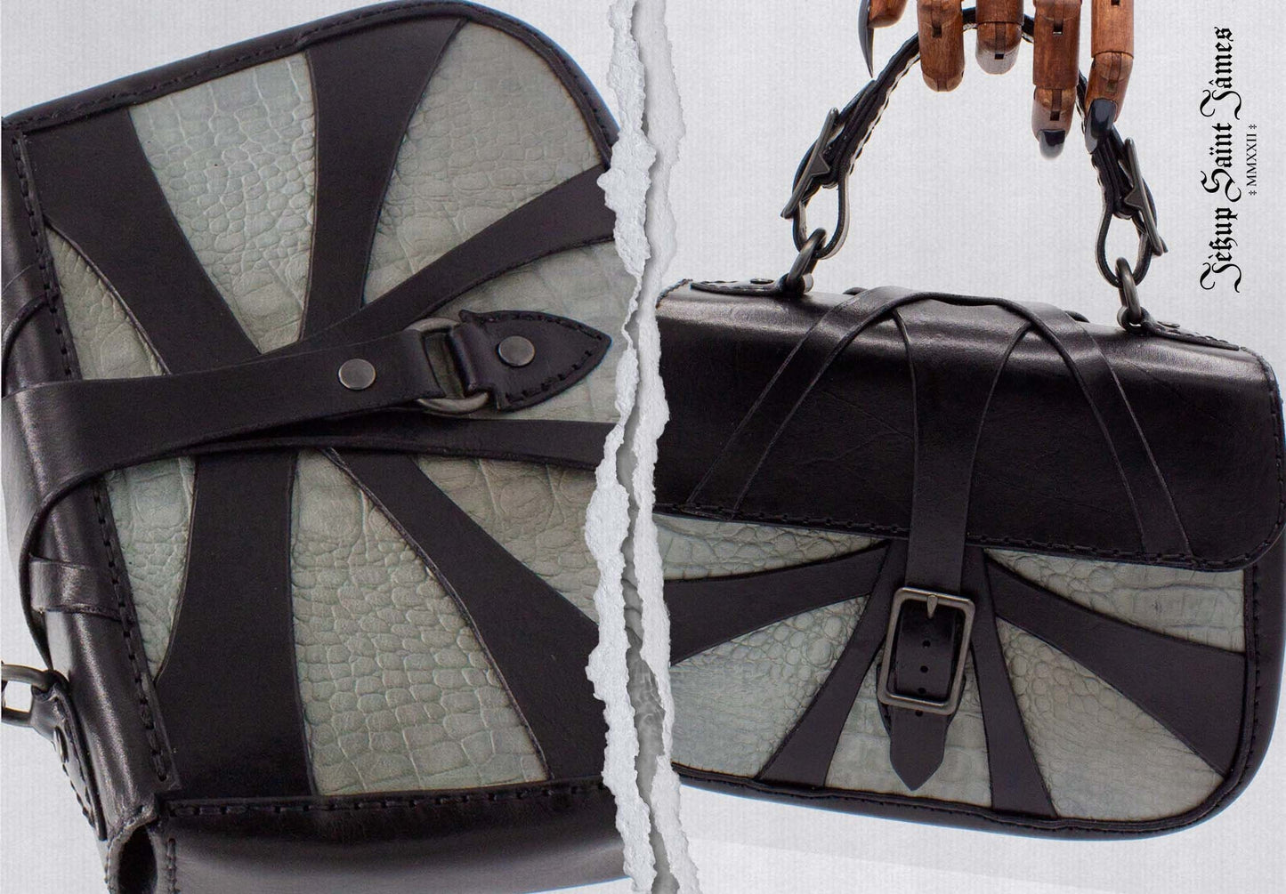 XXIV.Callisto: Leather Handbag Abstract Criss Cross Strap - Aged Shiny Black Light Ash
