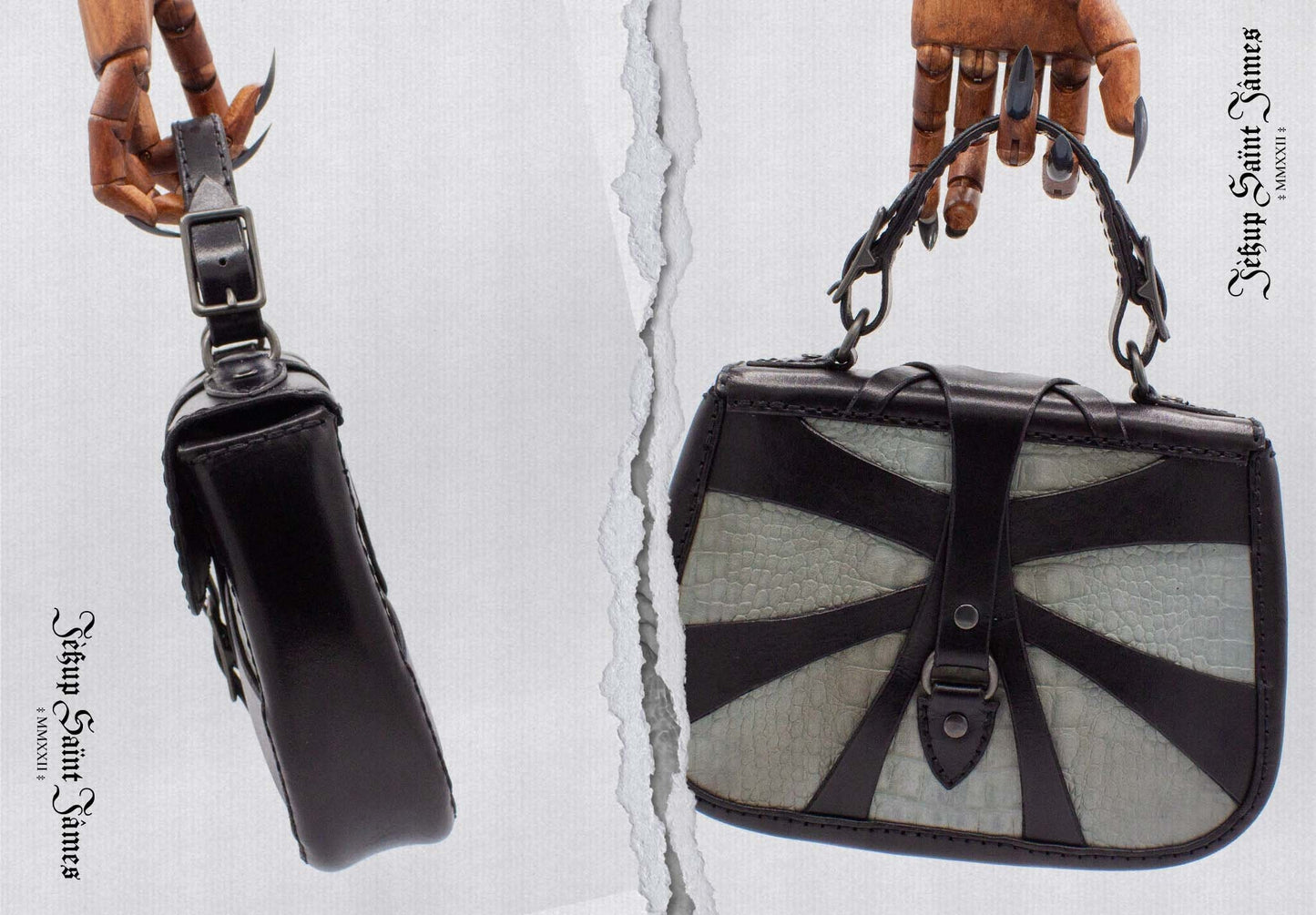 XXIV.Callisto: Leather Handbag Abstract Criss Cross Strap - Aged Shiny Black Light Ash