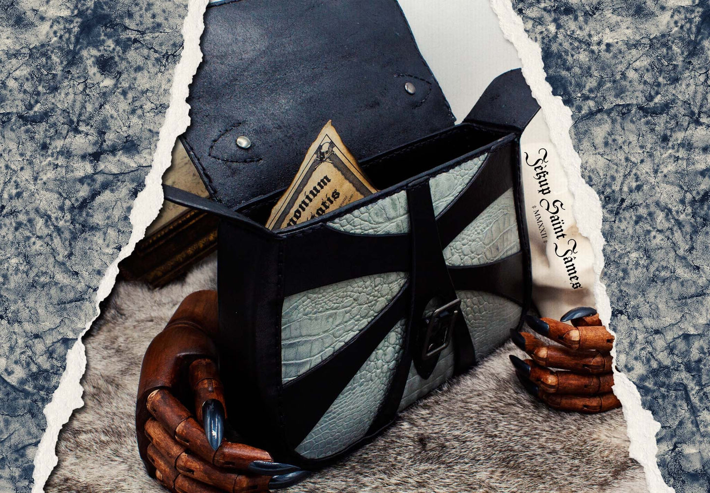 XXIV.Callisto: Leather Handbag Abstract Criss Cross Strap - Aged Shiny Black Light Ash