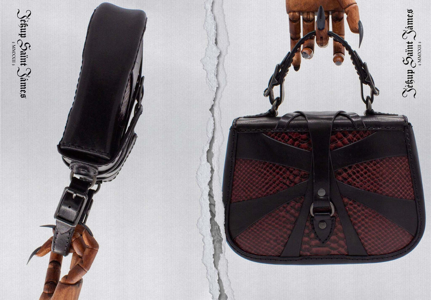 XXIV.Callisto: Leather Handbag Abstract Criss Cross Strap - Aged Shiny Black Burgundy Snake