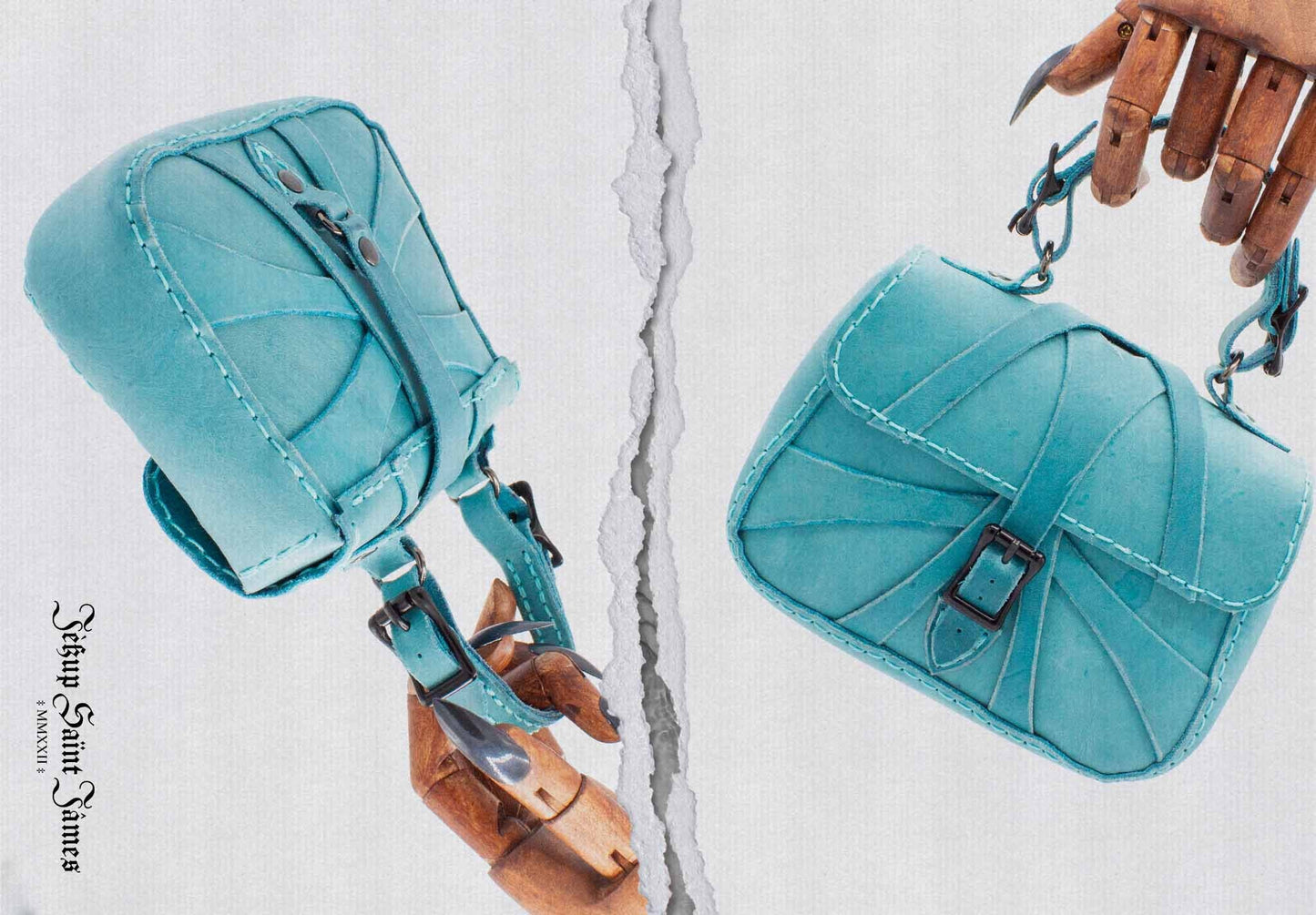 XVI.Callisto: Mini Leather Handbag Abstract Criss Cross Strap Purse - Aged Bright Teal