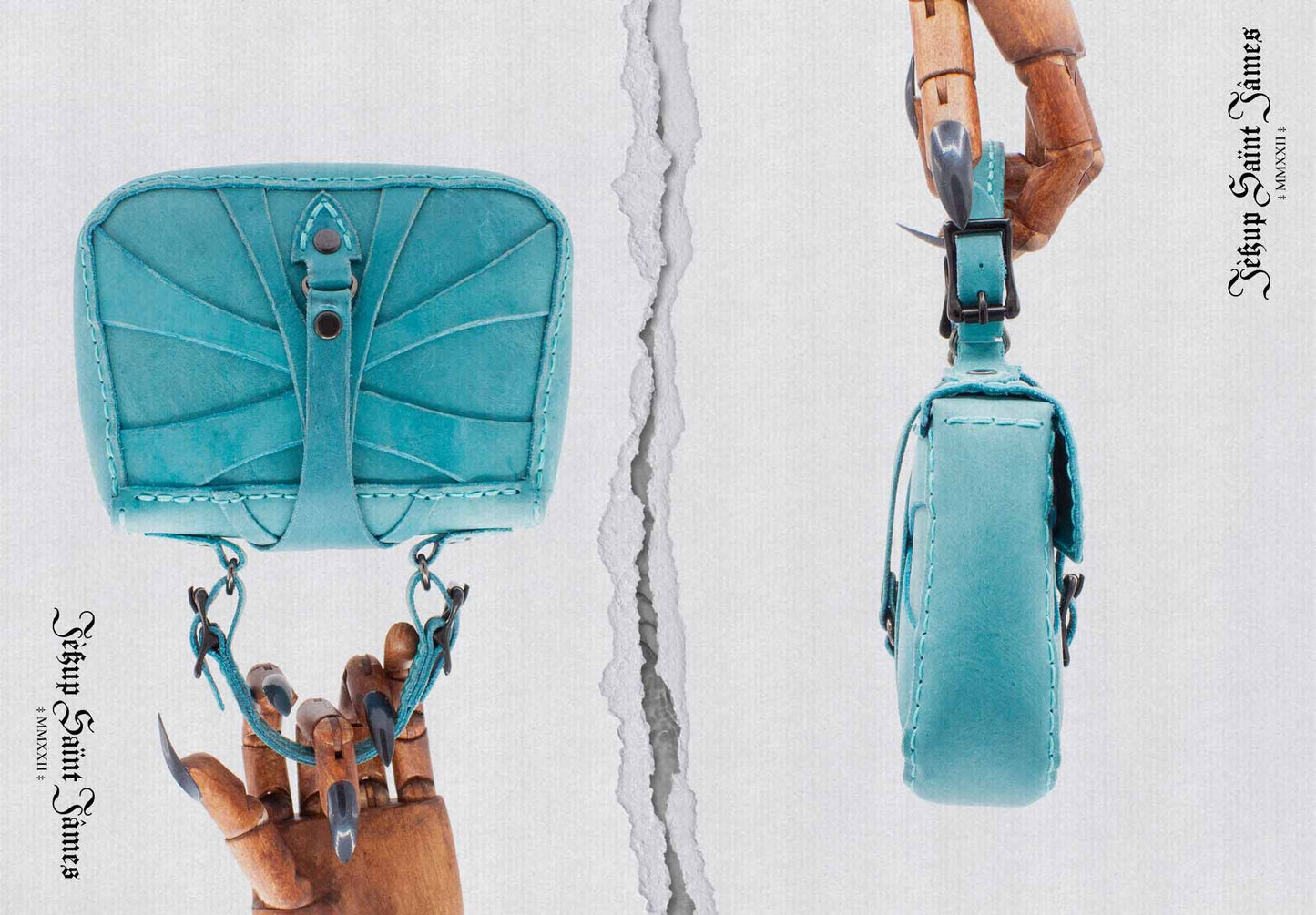 XVI.Callisto: Mini Leather Handbag Abstract Criss Cross Strap Purse - Aged Bright Teal