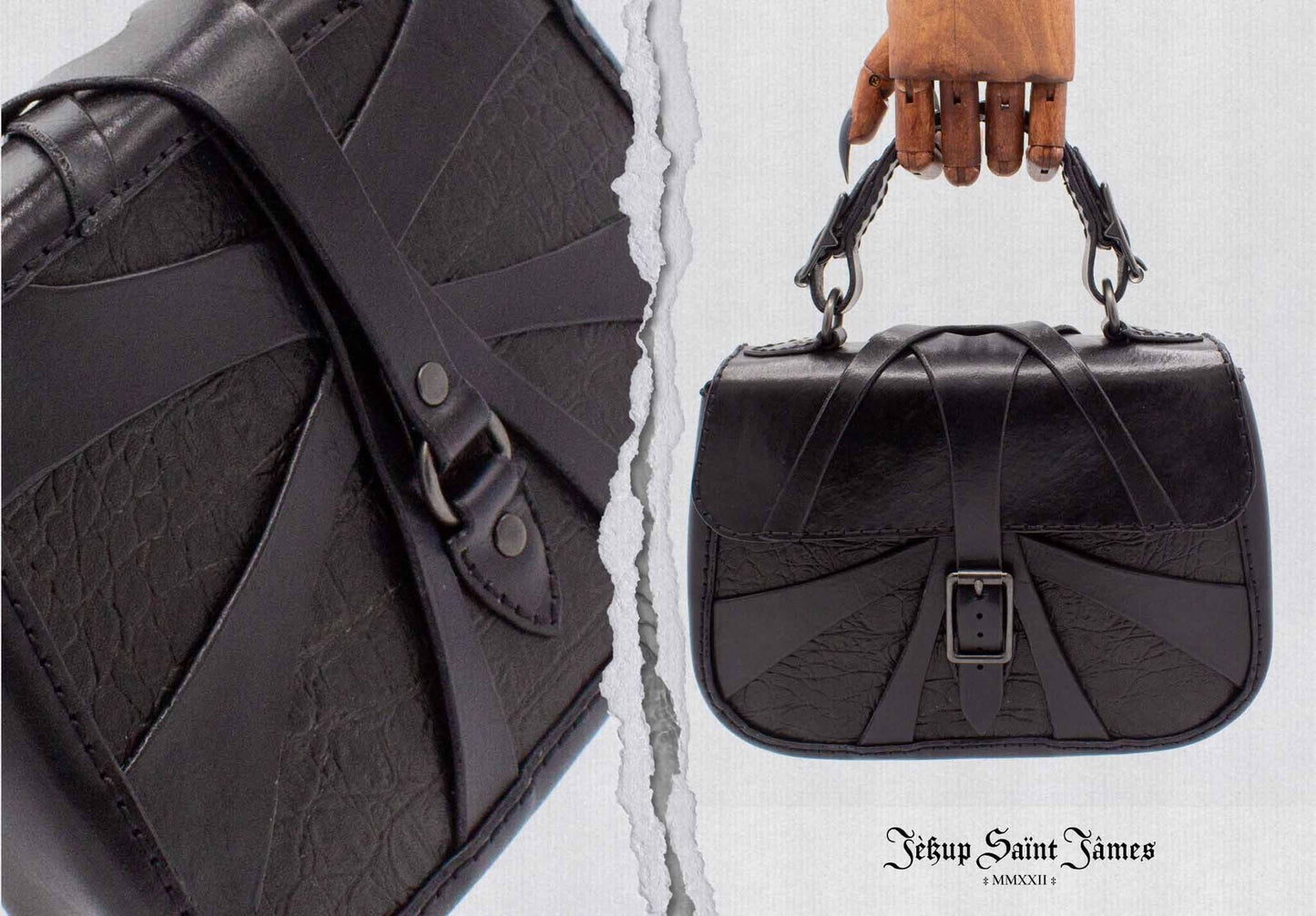 XXIV.Callisto: Leather Handbag Abstract Criss Cross Strap - Aged Shiny Black Croco