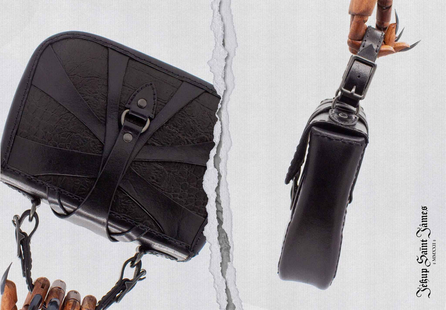 XXIV.Callisto: Leather Handbag Abstract Criss Cross Strap - Aged Shiny Black Croco