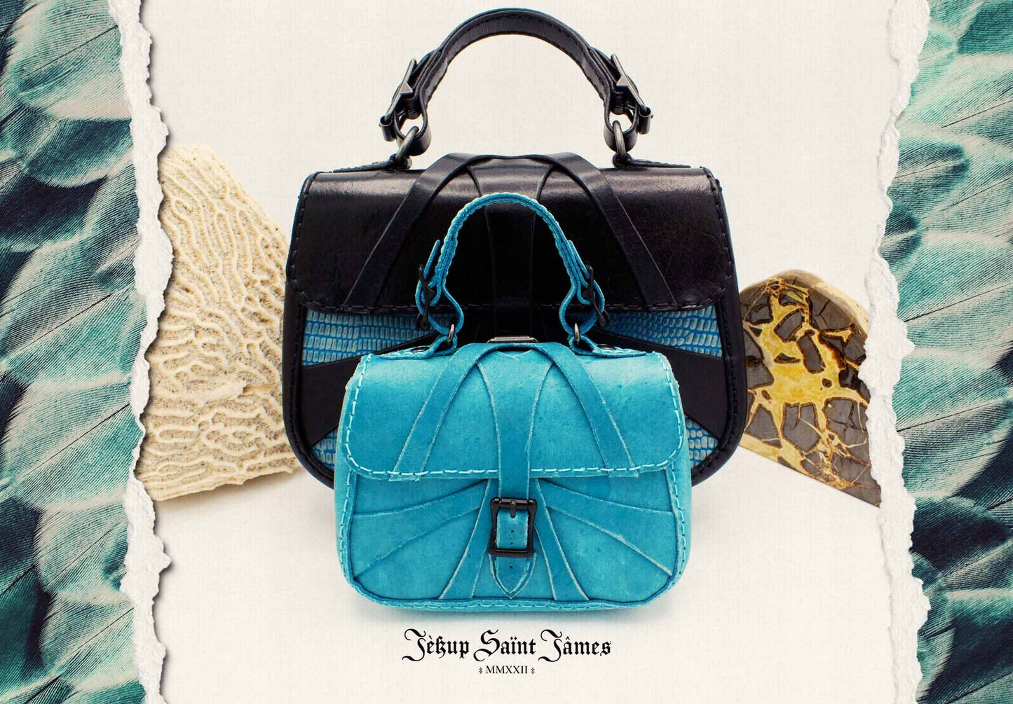 XVI.Callisto: Mini Leather Handbag Abstract Criss Cross Strap Purse - Aged Bright Teal