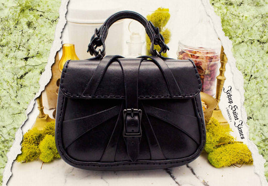 XVI.Callisto: Mini Leather Handbag Abstract Criss Cross Strap Purse - Aged Shiny Black